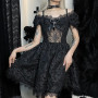 Sexy Black Lace Dress Women Vintage Aethetic Dark Gothic Punk Sexy Strapless Dress Lace Trim Party Dress 