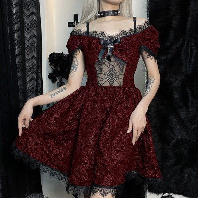 Sexy Dark Red Lace Dress Women Vintage Aethetic Dark Gothic Punk Sexy Strapless Dress Lace Trim Party Dress 