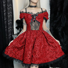 Sexy Red Lace Dress Women Vintage Aethetic Dark Gothic Punk Sexy Strapless Dress Lace Trim Party Dress 
