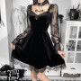 Sexy Black Lace Long Sleeves Dress Women Vintage Aethetic Dark Gothic Punk Sexy Dress Lace Trim Party Dress 