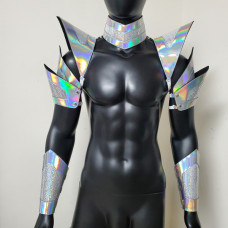 Burning Man Holographic Laser Silver Sequins Armor, Rave Shoulder Piece, Festival Choker Cape, Rave Shoulder Pads, Rave Carnival Festival Costumes 10015
