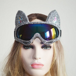 Holographic Silver Rhinestone Cat Burning Man Goggles Festival Mask Costume Headpiece Cyber Goggles Stage Dj EDM EDC Rave Costumes Accessory 10059