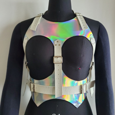Holographic Rave Harness,Burning Man Harness,Rave Clothing,Fetish Wear,PVC Open Bust Top,Rave Festival,Sexy Lingerie,Plastic Fashion