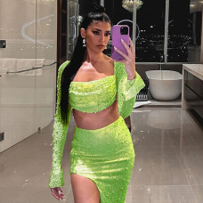 Green Beading Rave Long Sleeve Party Long Skirt Two Piece Set Outfits 120019