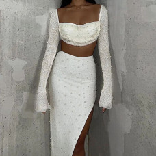 White Beading Rave Long Sleeve Party Long Skirt Two Piece Set Outfits 120019
