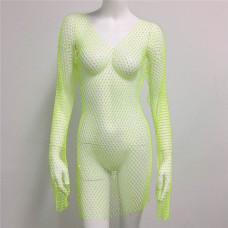 Green Fishnet Rhinestone V-Neck Rave Dress 32002